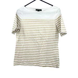 Lauren by Ralph Lauren Size Medium Shirt White Gold Stripe Short Sleeve Crop Top